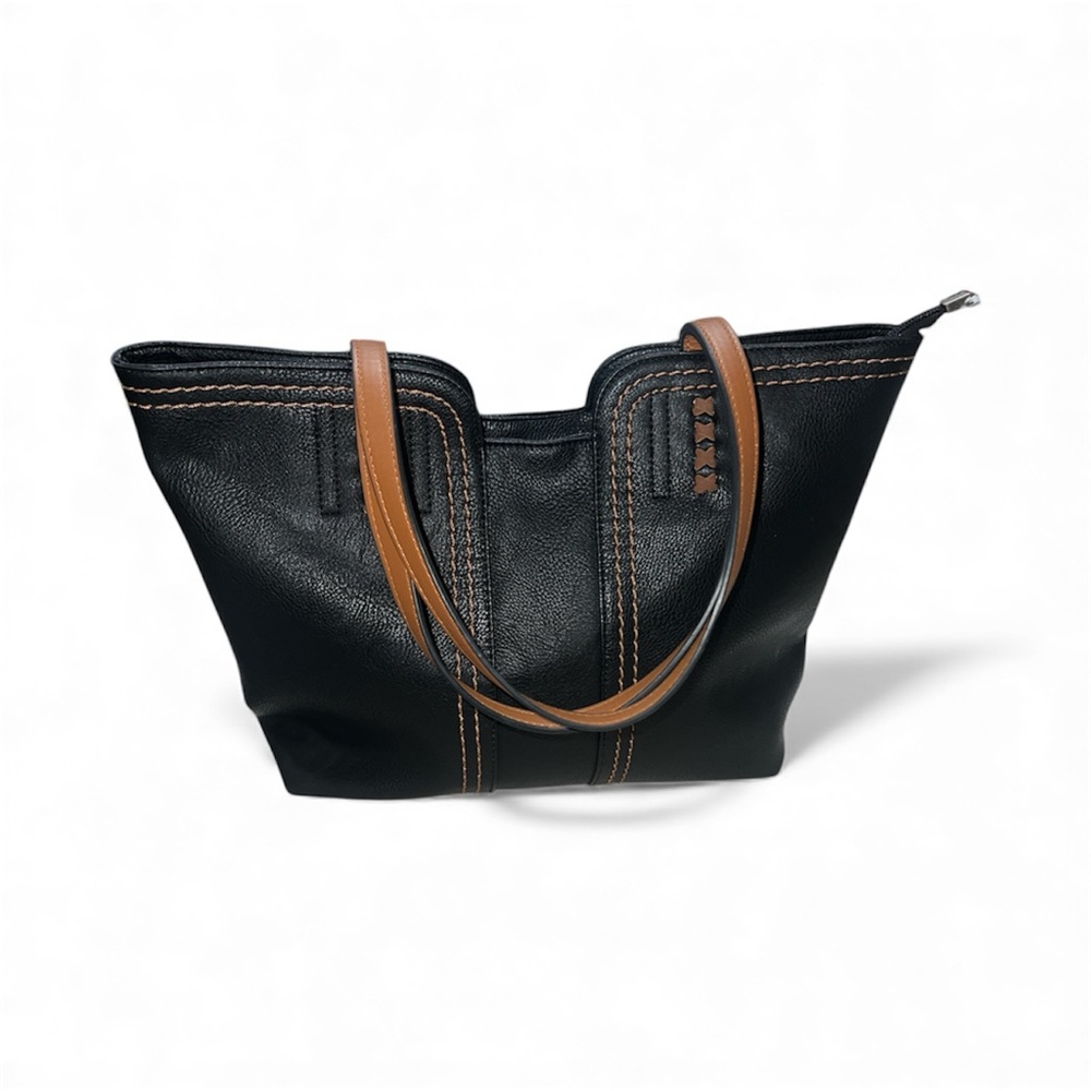 Montana West Black Vegan Leather Tote Bag Brown Stitching Dual Handles